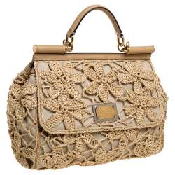 Pre Owned Dolce & Gabbana Beige Crochet Raffia, Fabric and Leather Large Miss Sicily Top Handle Bag 