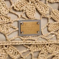 Pre Owned Dolce & Gabbana Beige Crochet Raffia, Fabric and Leather Large Miss Sicily Top Handle Bag 