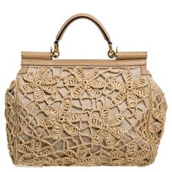 Pre Owned Dolce & Gabbana Beige Crochet Raffia, Fabric and Leather Large Miss Sicily Top Handle Bag 