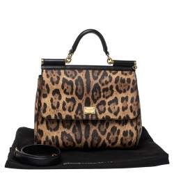 Pre Owned Dolce & Gabbana Black/Brown Leopard Print Coated Canvas and Leather Sicily Top Handle Bag