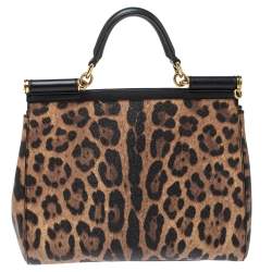 Pre Owned Dolce & Gabbana Black/Brown Leopard Print Coated Canvas and Leather Sicily Top Handle Bag