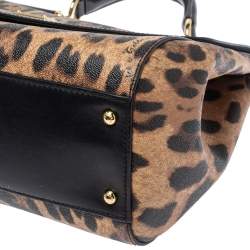 Pre Owned Dolce & Gabbana Black/Brown Leopard Print Coated Canvas and Leather Sicily Top Handle Bag