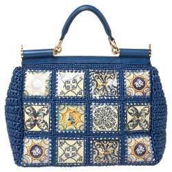 Pre Owned Dolce & Gabbana Blue Raffia and Leather Large Majolica Tile Miss Sicily Top Handle Bag