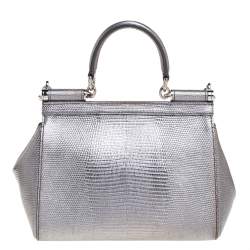 Pre Owned Dolce & Gabbana Silver Lizard Embossed Leather Small Miss Sicily Top Handle Bag