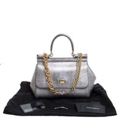 Pre Owned Dolce & Gabbana Silver Lizard Embossed Leather Small Miss Sicily Top Handle Bag