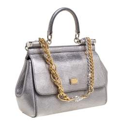 Pre Owned Dolce & Gabbana Silver Lizard Embossed Leather Small Miss Sicily Top Handle Bag