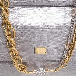 Pre Owned Dolce & Gabbana Silver Lizard Embossed Leather Small Miss Sicily Top Handle Bag