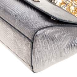 Pre Owned Dolce & Gabbana Silver Lizard Embossed Leather Small Miss Sicily Top Handle Bag