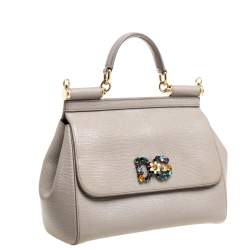 مملوكة مسبقًا حقيبة دولتشي أند غابانا ميس سيسيلي جلد نقشة السحلية بيج داكن متوسطة شعار كريستال يد علوية