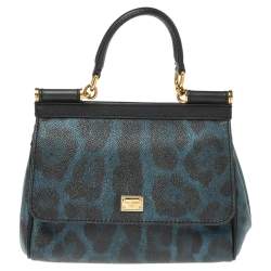 Pre Owned Dolce & Gabbana Black/Blue Leopard Print Coated Canvas and Leather Small Miss Sicily Top Handle Bag
