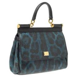 مملوكة مسبقًا حقيبة دولتشي أند غابانا ميس سيسيلي كانفاس وجلد نقشة الفهد أزرق/أسود صغيرة بيد علوية