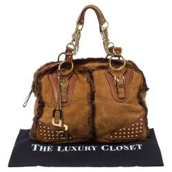 Pre Owned Dolce & Gabbana Brown Shearling and Snakeskin Studded Satchel