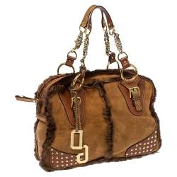Pre Owned Dolce & Gabbana Brown Shearling and Snakeskin Studded Satchel