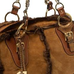 Pre Owned Dolce & Gabbana Brown Shearling and Snakeskin Studded Satchel