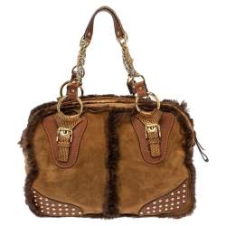 Pre Owned Dolce & Gabbana Brown Shearling and Snakeskin Studded Satchel