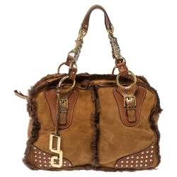 Pre Owned Dolce & Gabbana Brown Shearling and Snakeskin Studded Satchel