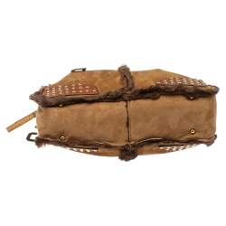 Pre Owned Dolce & Gabbana Brown Shearling and Snakeskin Studded Satchel