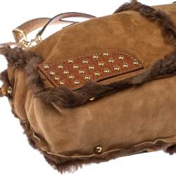 Pre Owned Dolce & Gabbana Brown Shearling and Snakeskin Studded Satchel