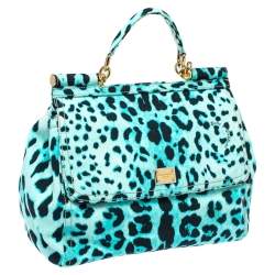 Pre Owned Dolce & Gabbana Blue Leopard Print Canvas Large Miss Sicily Top Handle Bag