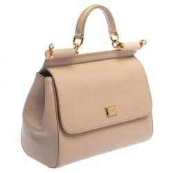 Pre Owned Dolce & Gabbana Beige Leather Medium Miss Sicily Top Handle Bag