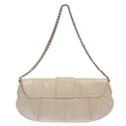 Pre Owned Dolce & Gabbana Off White Snakeskin D Ring Flap Baguette Bag