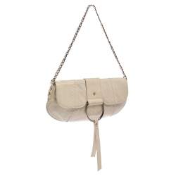 Pre Owned Dolce & Gabbana Off White Snakeskin D Ring Flap Baguette Bag