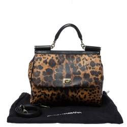 Pre Owned Dolce & Gabbana Black/Brown Leopard Print Coated Canvas and Leather Large Miss Sicily Top Handle Bag