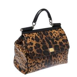 Pre Owned Dolce & Gabbana Black/Brown Leopard Print Coated Canvas and Leather Large Miss Sicily Top Handle Bag