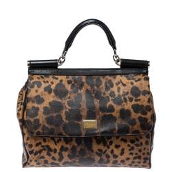 Pre Owned Dolce & Gabbana Black/Brown Leopard Print Coated Canvas and Leather Large Miss Sicily Top Handle Bag