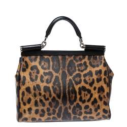 Pre Owned Dolce & Gabbana Black/Brown Leopard Print Coated Canvas and Leather Large Miss Sicily Top Handle Bag