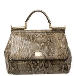 Pre Owned Dolce & Gabbana Brown/Pale Green Python Large Miss Sicily Top Handle Bag