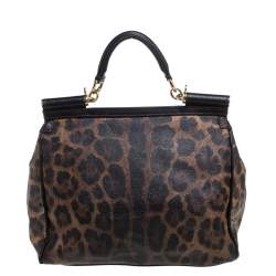 Pre Owned Dolce & Gabbana Black/Brown Leopard Print Coated Canvas and Leather Large Sicily Top Handle Bag