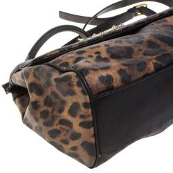 Pre Owned Dolce & Gabbana Black/Brown Leopard Print Coated Canvas and Leather Large Sicily Top Handle Bag
