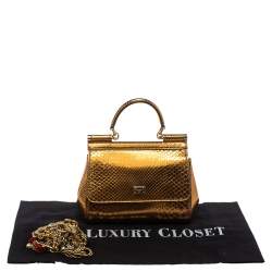Pre Owned Dolce & Gabbana Metallic Gold Python Small Miss Sicily Top Handle Bag