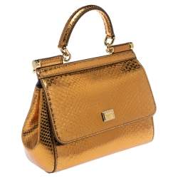 Pre Owned Dolce & Gabbana Metallic Gold Python Small Miss Sicily Top Handle Bag