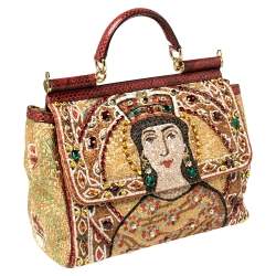 Pre Owned Dolce & Gabbana Multicolor Embroidered Fabric and Python Trim Queen Regina Large Sicily Top Handle Bag