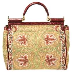 Pre Owned Dolce & Gabbana Multicolor Embroidered Fabric and Python Trim Queen Regina Large Sicily Top Handle Bag