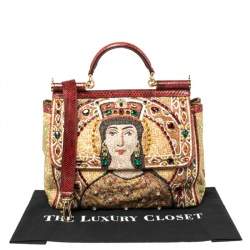 Pre Owned Dolce & Gabbana Multicolor Embroidered Fabric and Python Trim Queen Regina Large Sicily Top Handle Bag