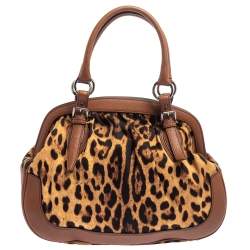 Pre Owned Dolce & Gabbana Brown Leopard Print Canvas and Leather Animalier Zip Satchel