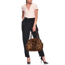 Pre Owned Dolce & Gabbana Brown Leopard Print Canvas and Leather Animalier Zip Satchel
