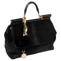 Pre Owned Dolce & Gabbana Black Calf Hair And Leather Large Miss Sicily Top Handle Bag