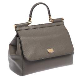 Pre Owned Dolce & Gabbana Grey Leather Medium Miss Sicily Top Handle Bag