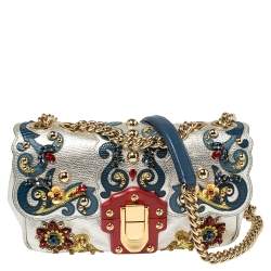 Pre Owned Dolce & Gabbana Silver Leather Lucia Embellished Shoulder Bag