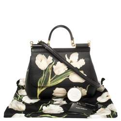 Pre Owned Dolce & Gabbana Black Tulip Print Leather Medium Miss Sicily Top Handle Bag