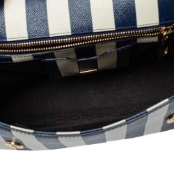 Pre Owned Dolce & Gabbana Blue/White Striped Embroidered Leather Medium Miss Sicily Top Handle Bag