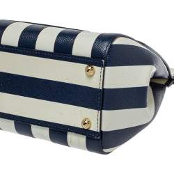 Pre Owned Dolce & Gabbana Blue/White Striped Embroidered Leather Medium Miss Sicily Top Handle Bag