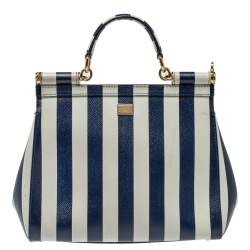 Pre Owned Dolce & Gabbana Blue/White Striped Embroidered Leather Medium Miss Sicily Top Handle Bag