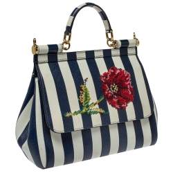 Pre Owned Dolce & Gabbana Blue/White Striped Embroidered Leather Medium Miss Sicily Top Handle Bag