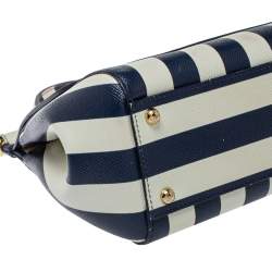 Pre Owned Dolce & Gabbana Blue/White Striped Embroidered Leather Medium Miss Sicily Top Handle Bag