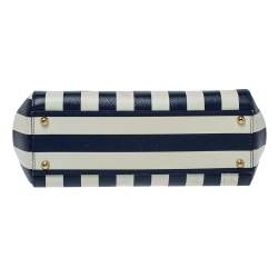 Pre Owned Dolce & Gabbana Blue/White Striped Embroidered Leather Medium Miss Sicily Top Handle Bag